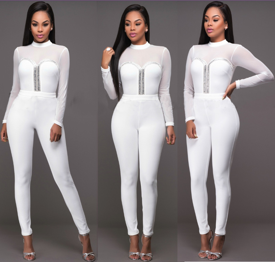F2513-2  Sexy Crewneck Long Sleeve Mesh Bodycon Clubwear Party Jumpsuit Romper